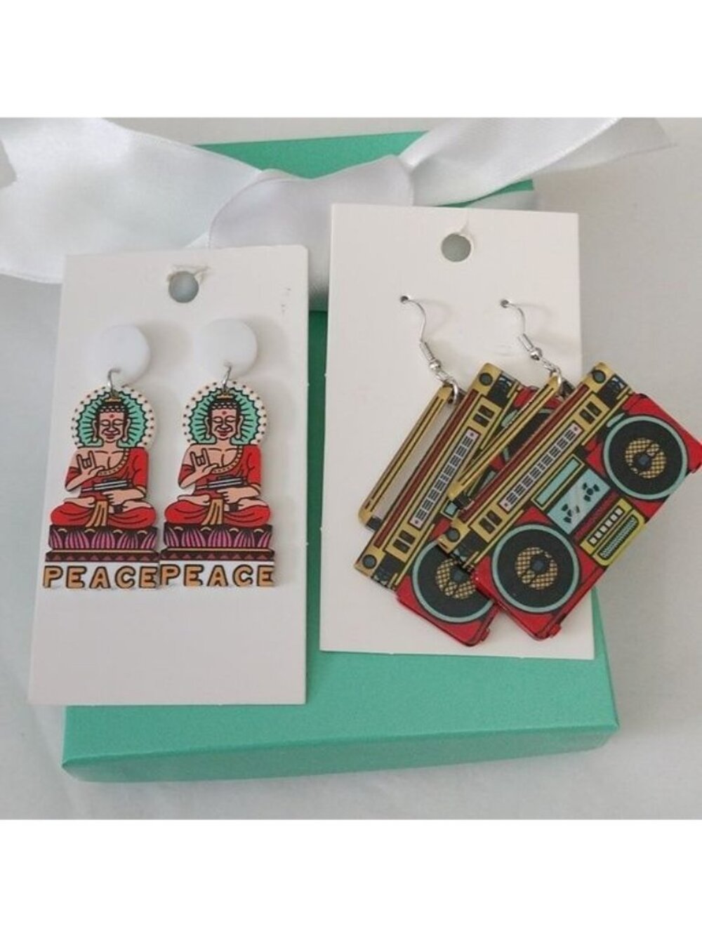 Peace Buddha + Retro Boom box Music Earrings, set of 2